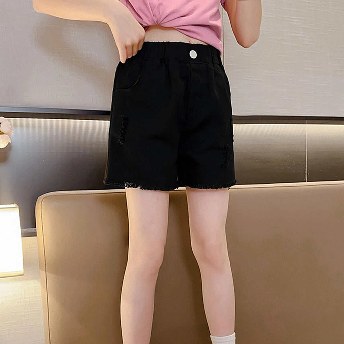 Girls Black Distressed Relaxed Fit Denim Shorts Shorts