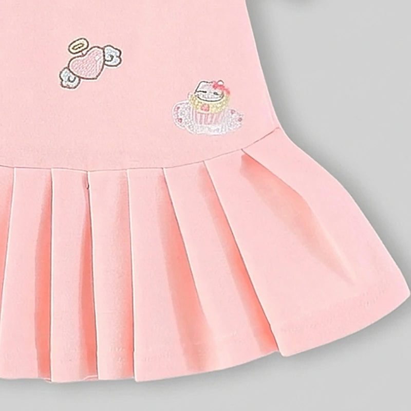 Girls Pink Embroidered Pleated Fit & Flare Polo Dress Casual Dresses