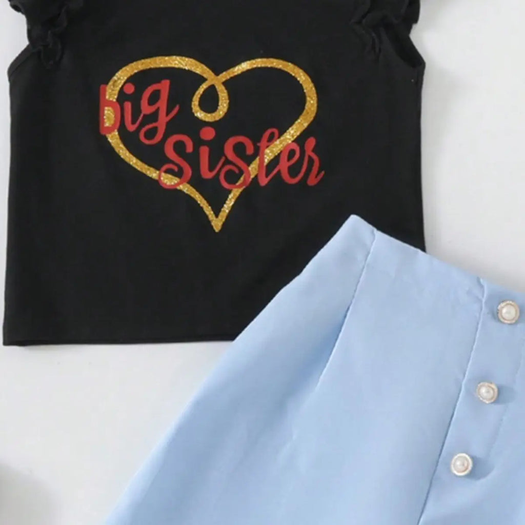 Girls Typographic Printed Top With Sky Blue Shorts Set Sets