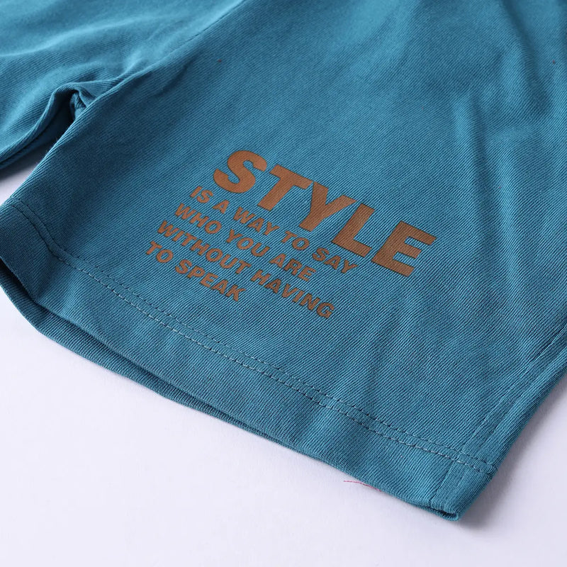Boys Teal Typographic Printed Polo Short Sleeves T-Shirt With Drawstring Shorts Sets Sets