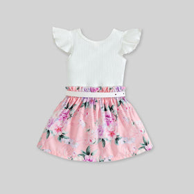 Girls Caps Sleeve Top With Floral Printed Skirt & Belt 3 pc. Sets   