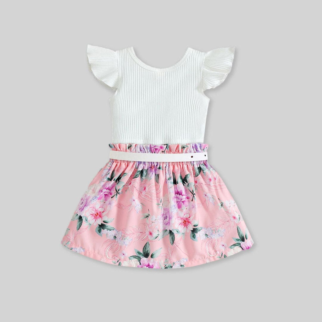 Girls Caps Sleeve Top With Floral Printed Skirt & Belt 3 pc. Sets   