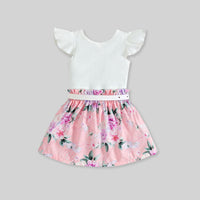Girls Caps Sleeve Top With Floral Printed Skirt & Belt 3 pc. Sets   