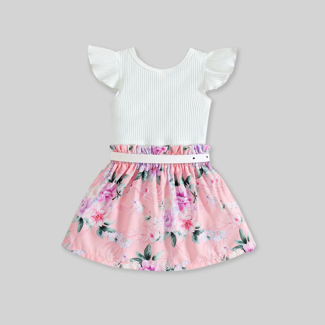 Girls Caps Sleeve Top With Floral Printed Skirt & Belt 3 pc. Sets   