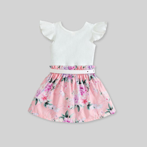 Girls Caps Sleeve Top With Floral Printed Skirt & Belt 3 pc. Sets   