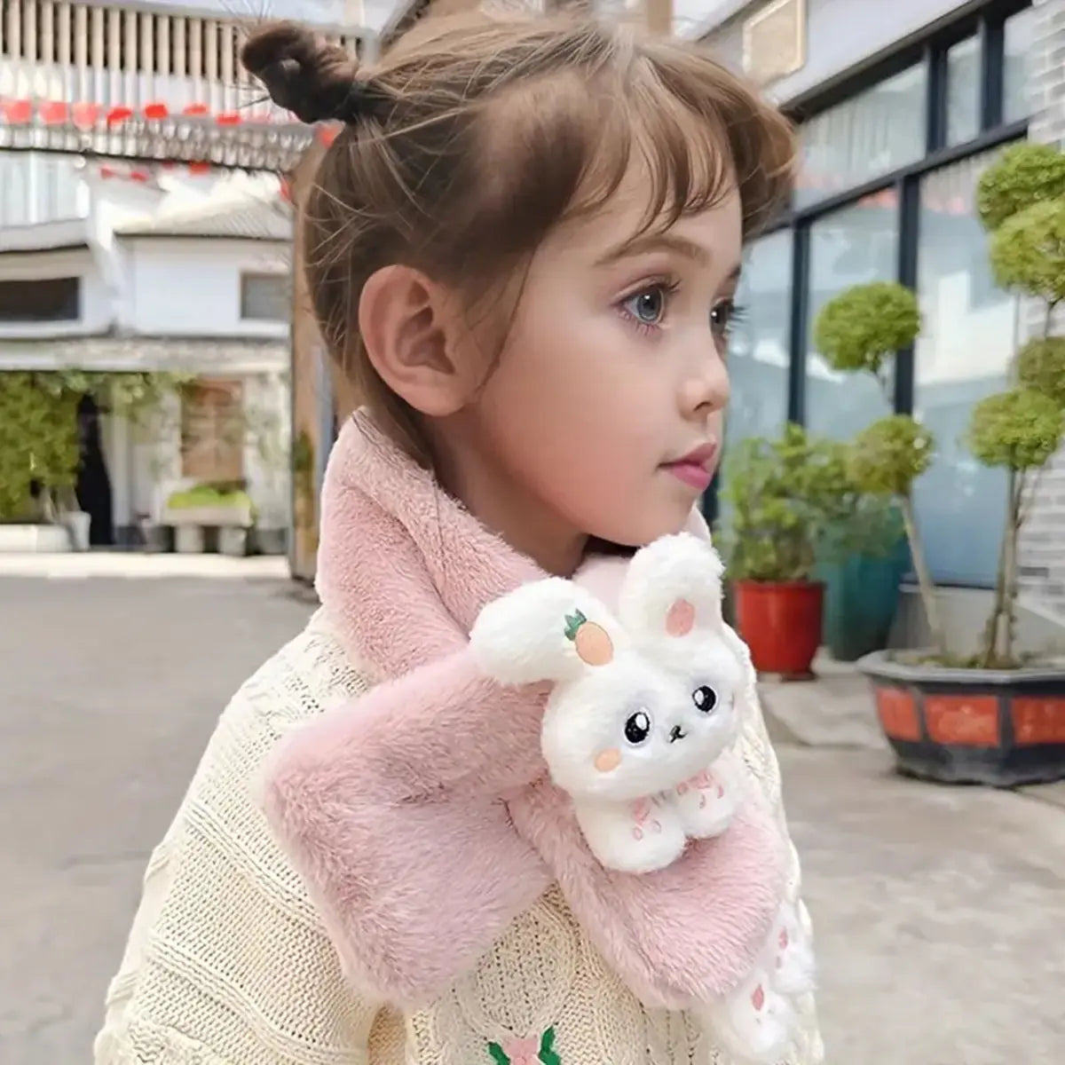 Girls Pink Bunny Plush Warm Winter Scarf Trending Accessories