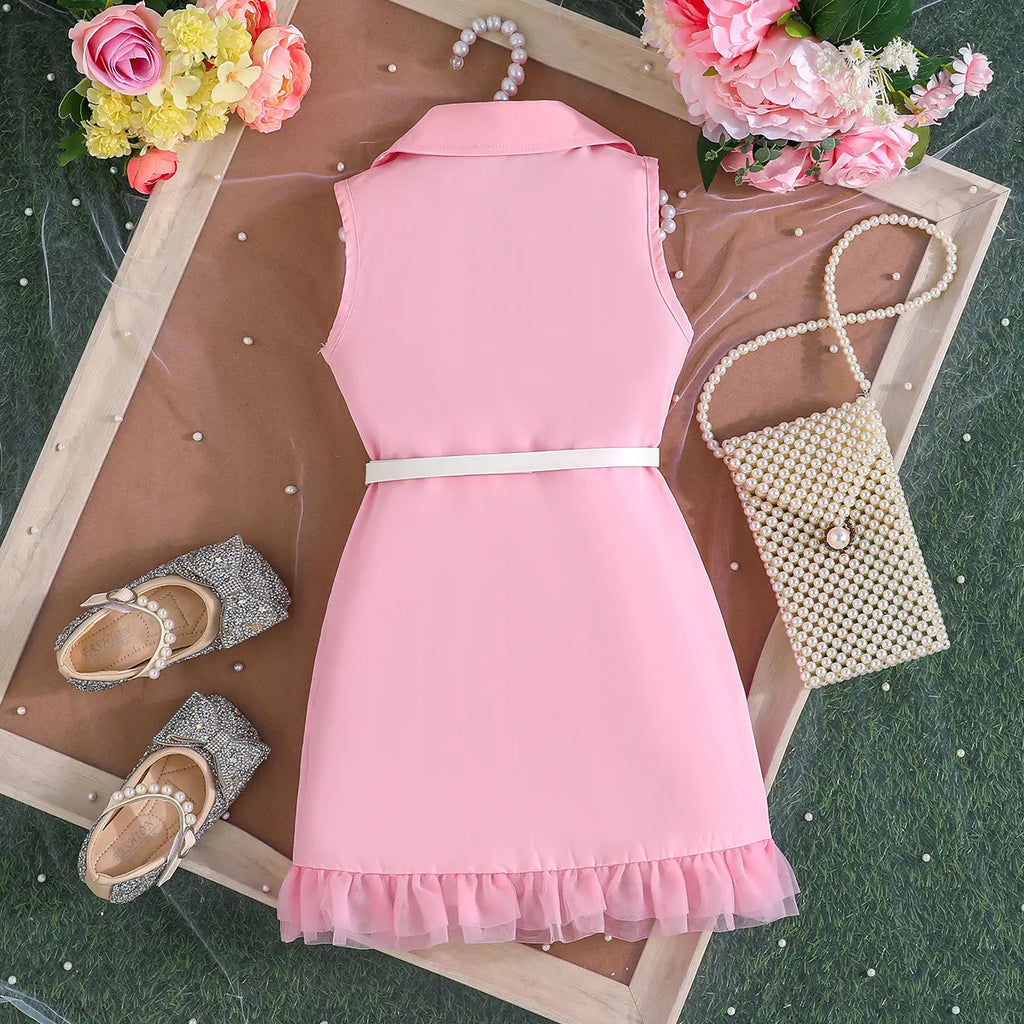 Girls Pink Sleeveless Blazer Dresses With Tulle Ruffles Hem Casual Dresses