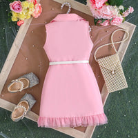 Girls Pink Sleeveless Blazer Dresses With Tulle Ruffles Hem Casual Dresses