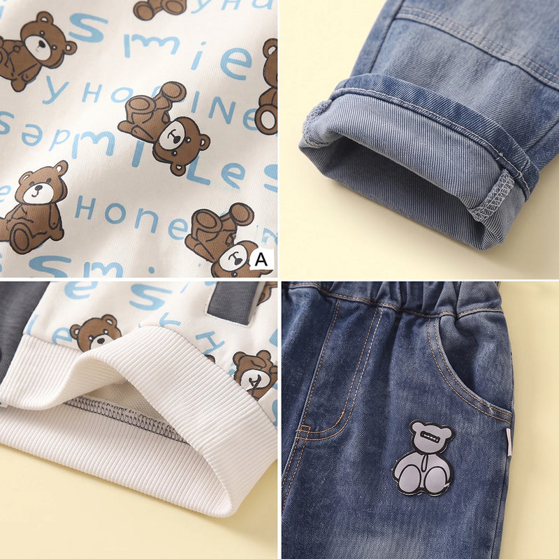 Boys Grey Typographic Hooded Jacket & T-Shirt With Denim Pants Sets Sets