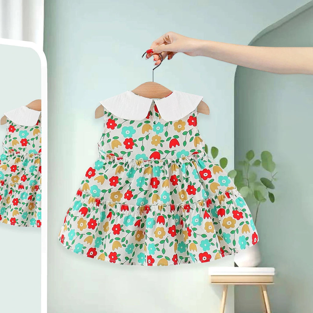 Girls Red Floral Print Peter Pan Collar Tiered Dress Casual Dresses