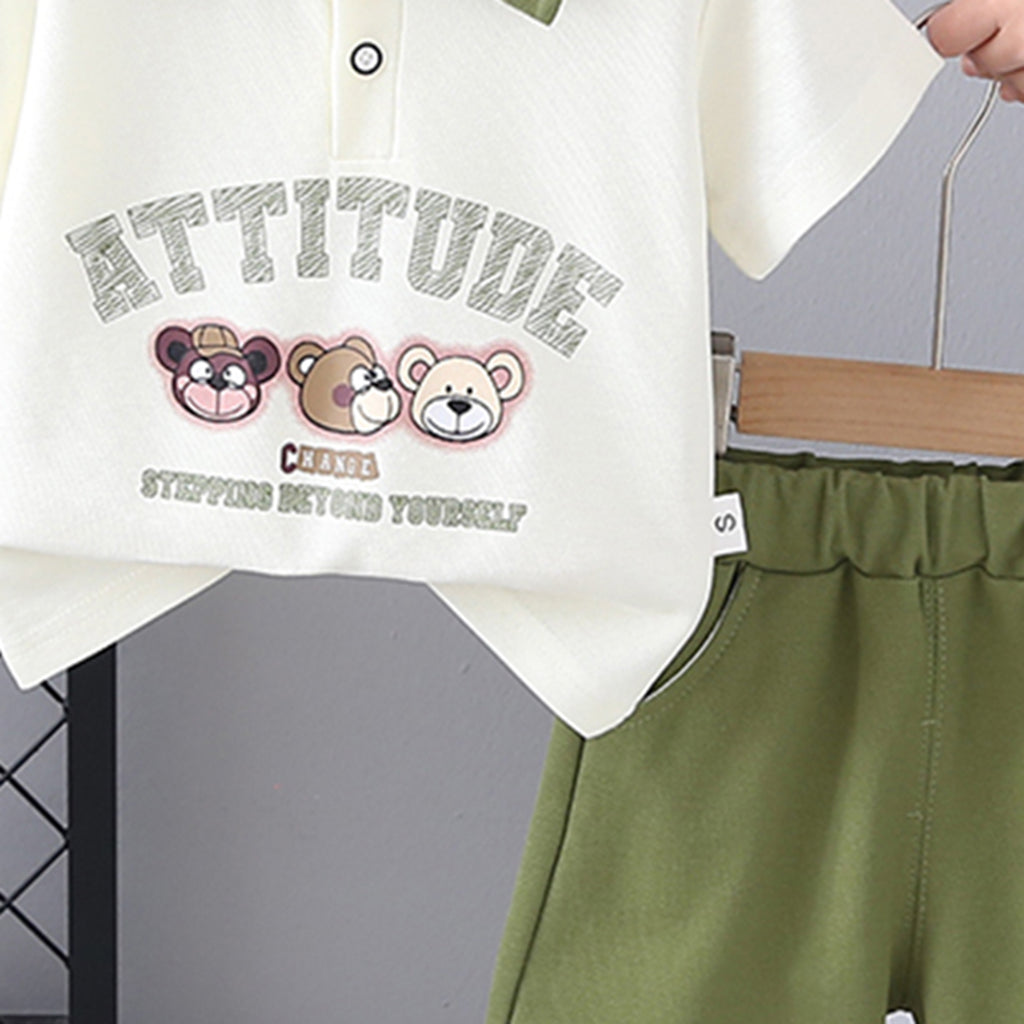 Boys Printed Contrast Collared Polo T-Shirt With Green Shorts Set 2 pc. Sets
