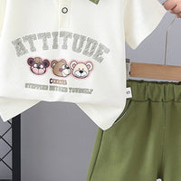 Boys Printed Contrast Collared Polo T-Shirt With Green Shorts Set 2 pc. Sets