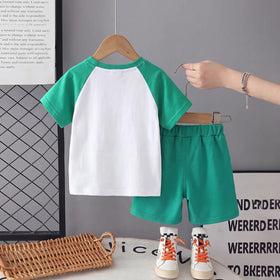 Boys Green Lion Graphic Raglan Sleeves T-Shirt With Elasticated Shorts Sets 2 pc. Sets