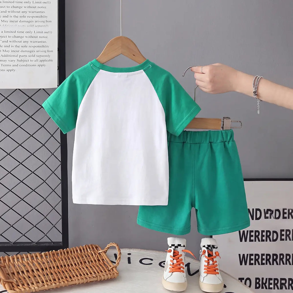 Boys Green Lion Graphic Raglan Sleeves T-Shirt With Elasticated Shorts Sets 2 pc. Sets