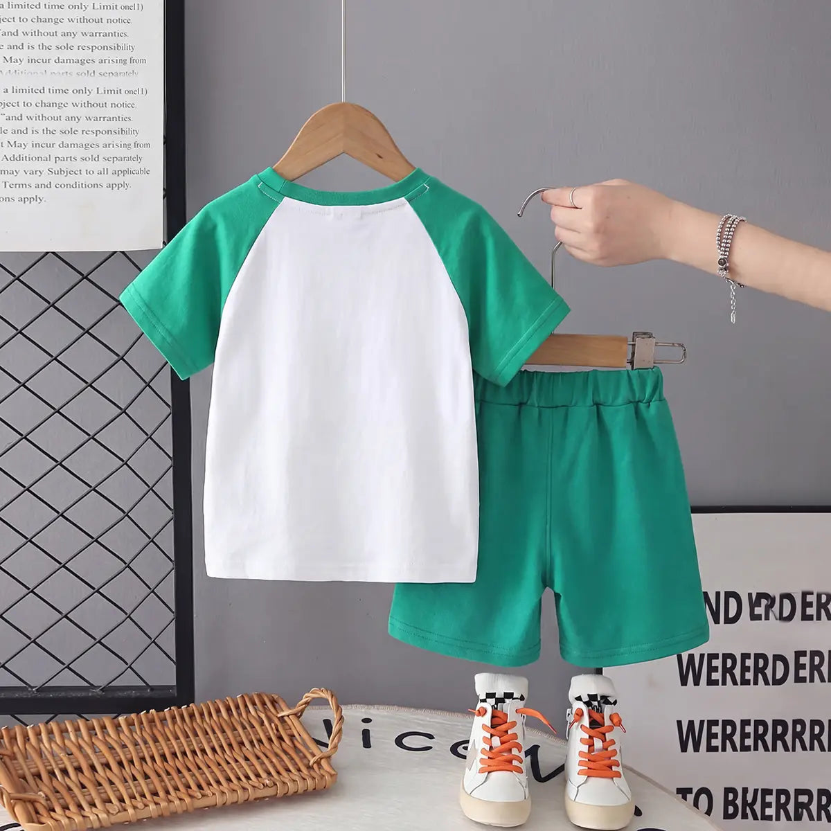 Boys Green Lion Graphic Raglan Sleeves T-Shirt With Elasticated Shorts Sets 2 pc. Sets