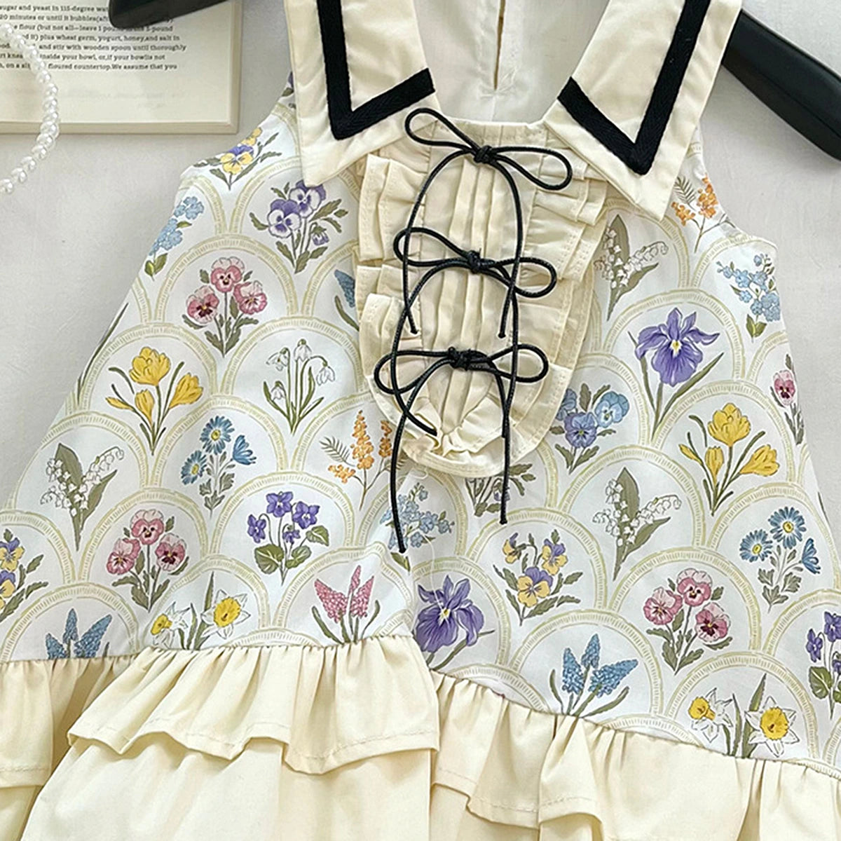 Girls Cream Floral Print Peter Pan Collar Ruffle A-line Dress Casual Dresses