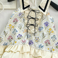 Girls Cream Floral Print Peter Pan Collar Ruffle A-line Dress Casual Dresses