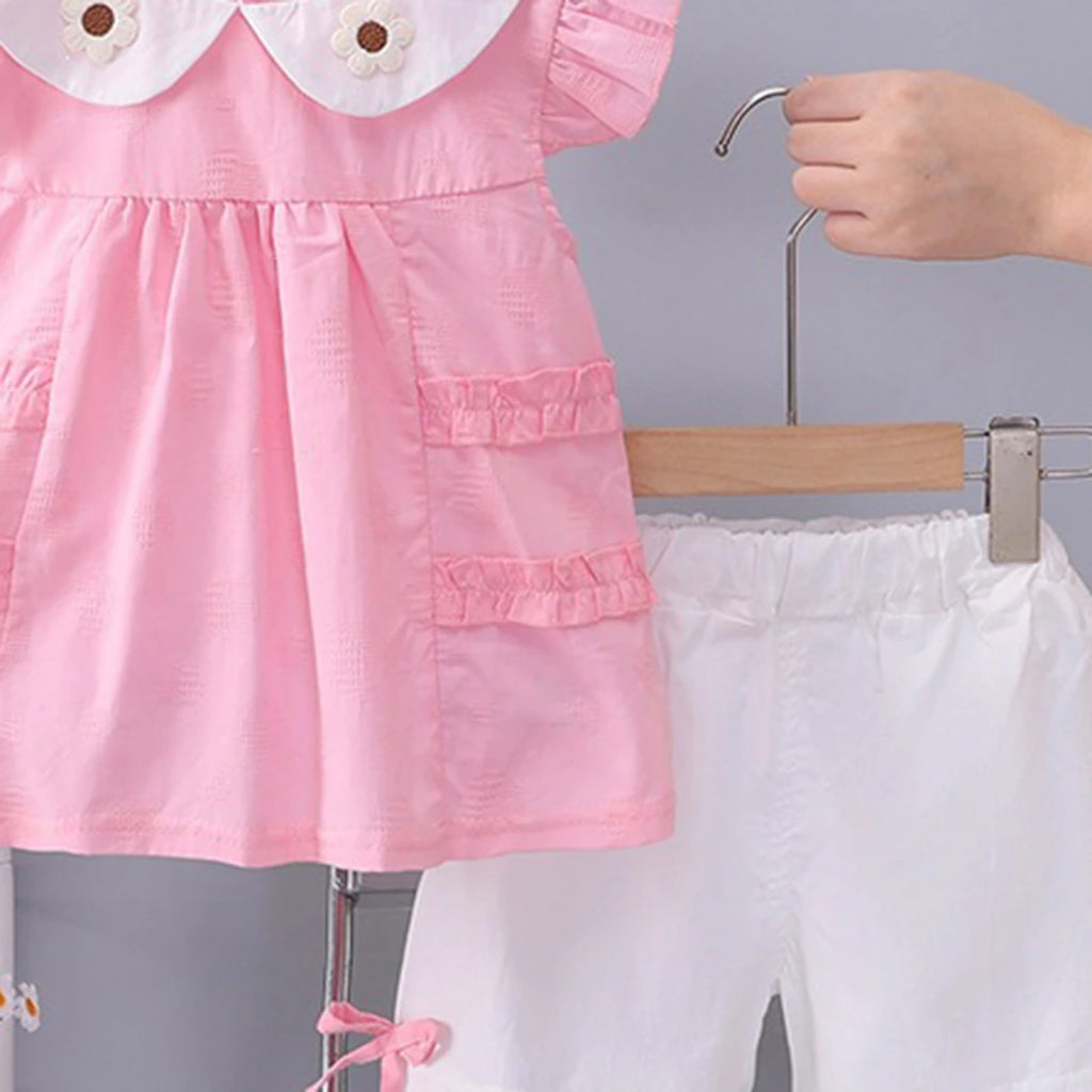 Girls Pink Flower Applique Top With Shorts Sets 2 pc. Sets
