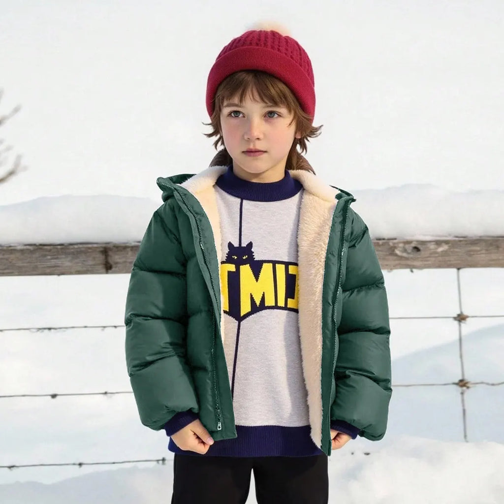 Boys Green Hooded Puffer Jacket With Sherpa Fleece Lining Coats & Jackets