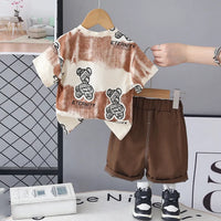 Boys Brown Teddy Bear Graphic T-Shirt With Elasticated Shorts Sets Sets