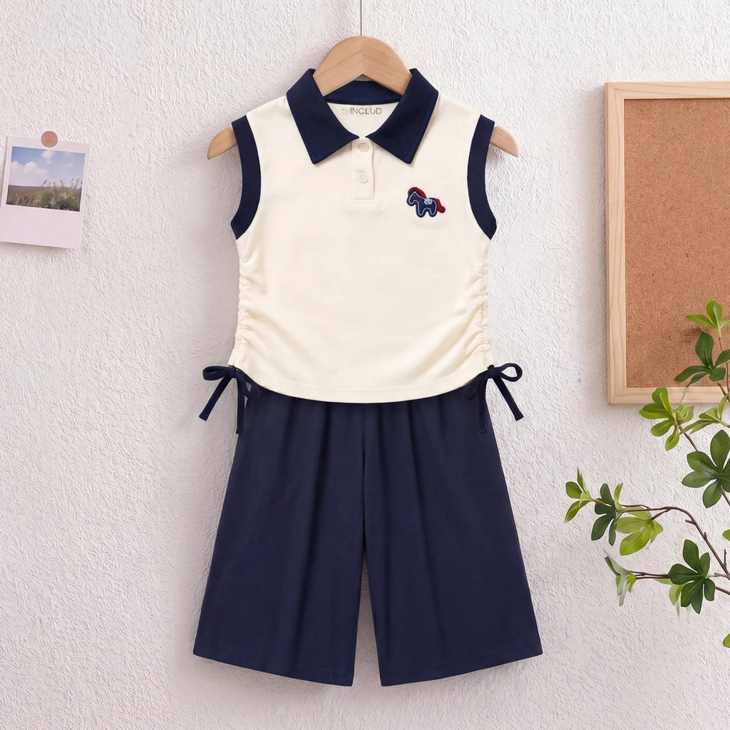 Girls Sleeveless Polo Top With Navy Blue Pants Sets 2 pc. Sets