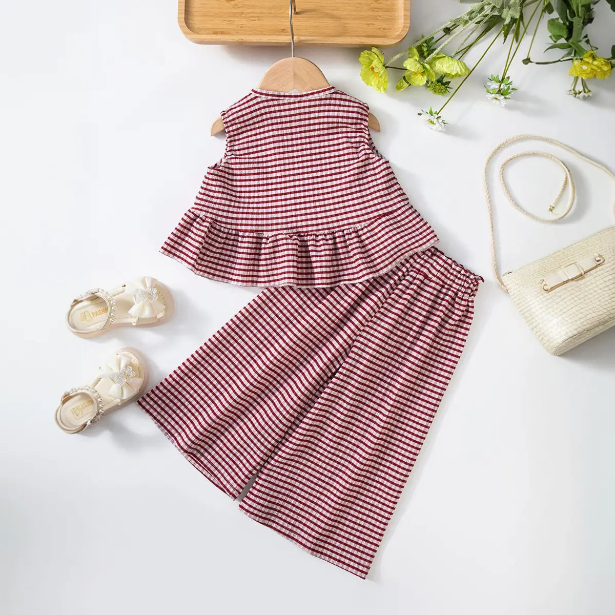Girls Burgundy Checked Sleeveless Top With Pants Co-ord Sets Sets
