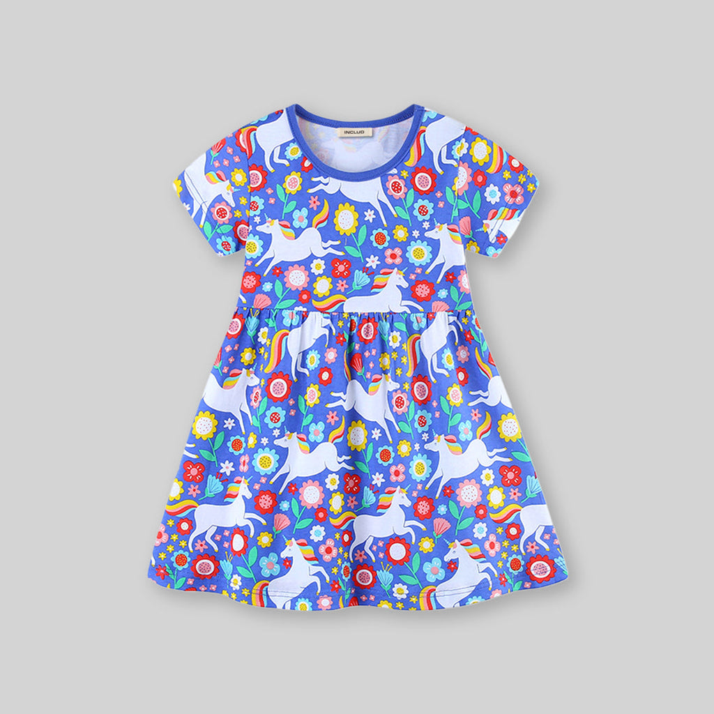 Girls Short Sleeve Unicorn Printed Dress Casual Dresses   