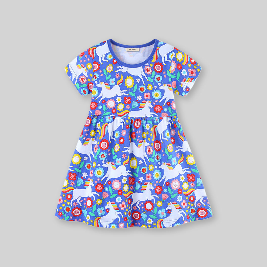 Girls Short Sleeve Unicorn Printed Dress Casual Dresses   