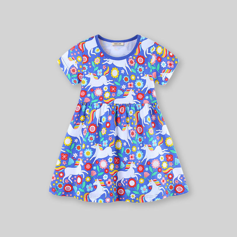 Girls Short Sleeve Unicorn Printed Dress Casual Dresses   
