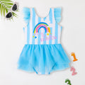 Girls Light Blue Typographic Print Tulle Overlay Swimwear Bodysuit Beachwear Light Blue 3-4 Y