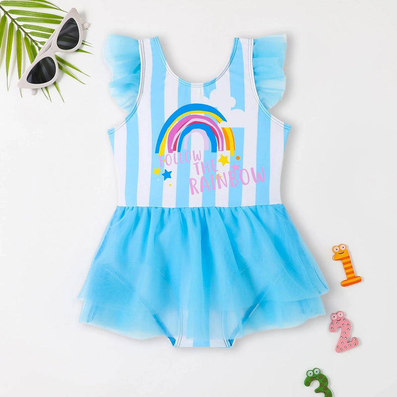 Girls Light Blue Typographic Print Tulle Overlay Swimwear Bodysuit Beachwear Light Blue 3-4 Y