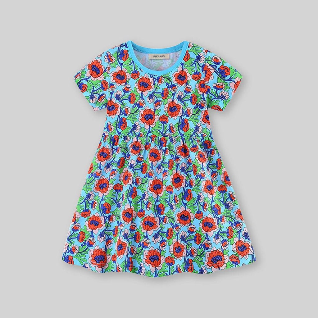 Girls Short Sleeve Floral Print Knee Length Dress Casual Dresses   