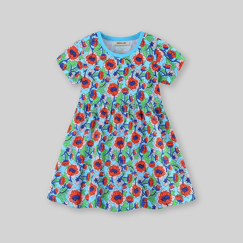 Girls Short Sleeve Floral Print Knee Length Dress Casual Dresses   