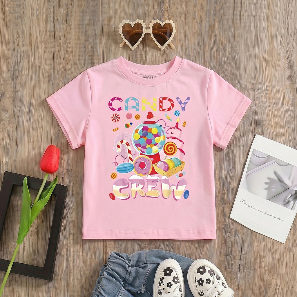 Girls Pink Candy Print Short Sleeve T-Shirt Tshirts Pink 1-2 Y
