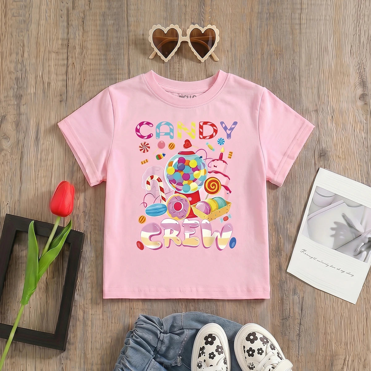 Girls Pink Candy Print Short Sleeve T-Shirt Tshirts Pink 1-2 Y