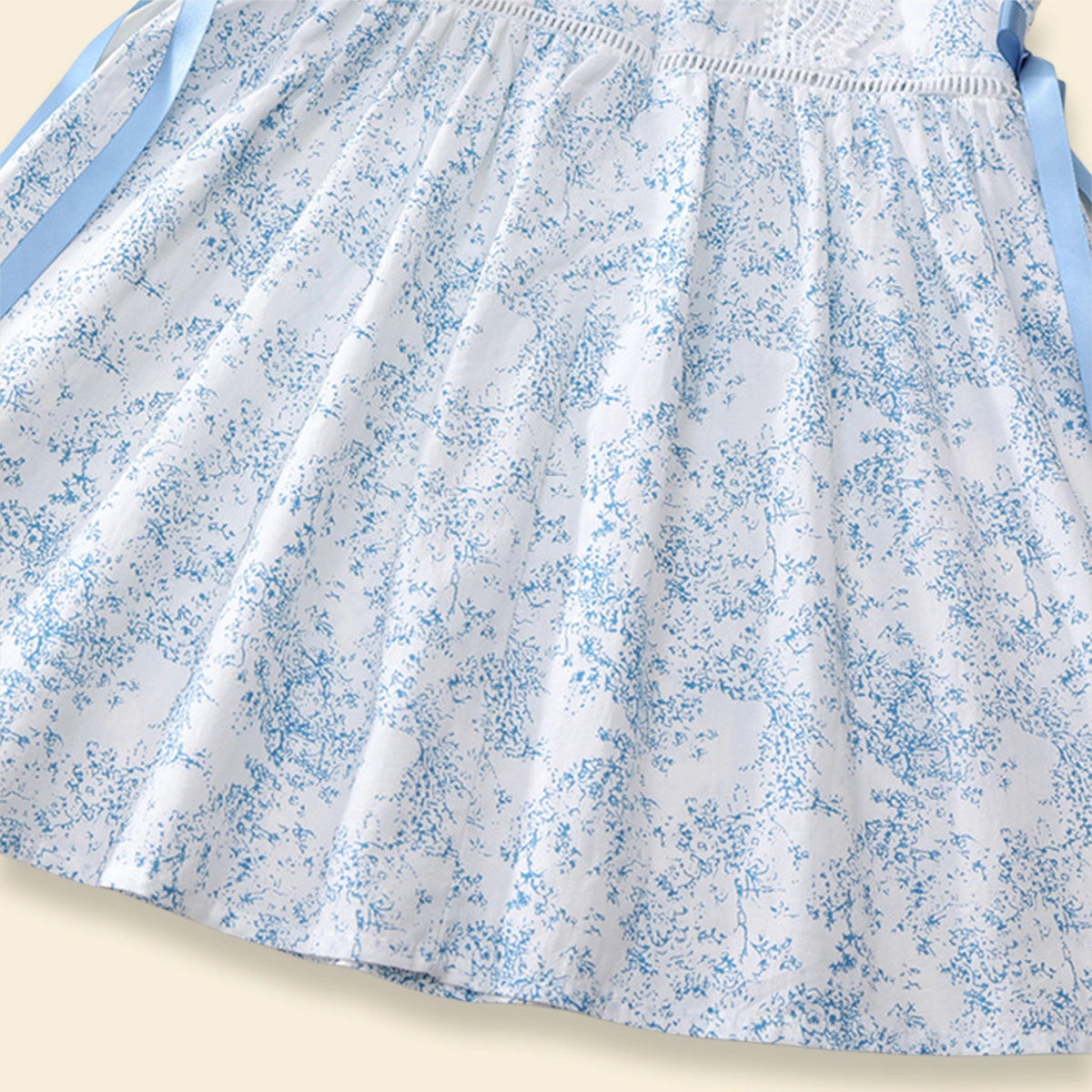 Girls Blue Printed Sleeveless Fit & Flare Dress With Neck Lace Trim Casual Dresses