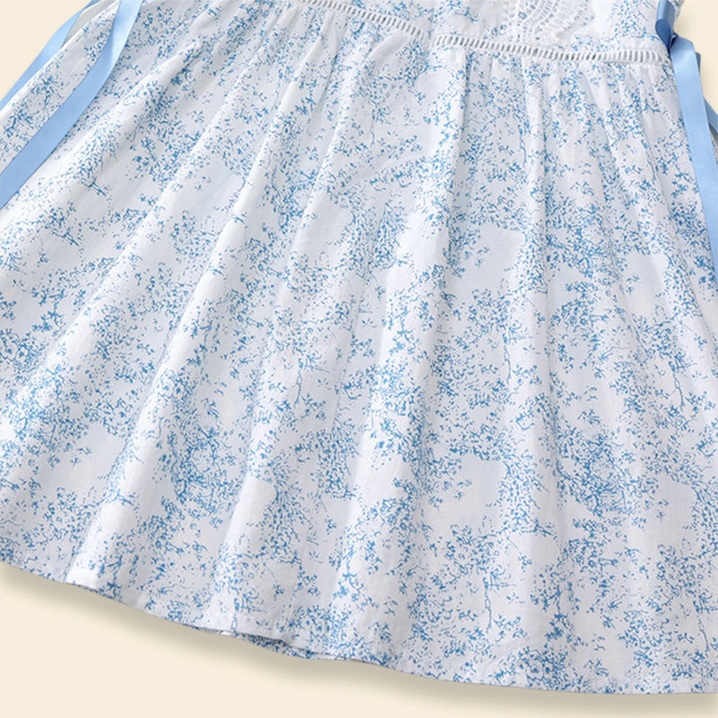 Girls Blue Printed Sleeveless Fit & Flare Dress With Neck Lace Trim Casual Dresses
