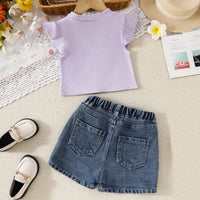 Girls Lilac Embellished Top With Floral Embroidered Denim Shorts Set Sets