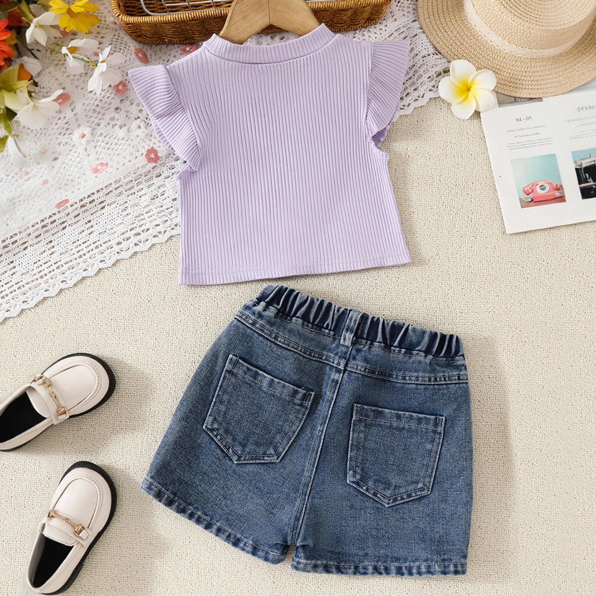 Girls Lilac Embellished Top With Floral Embroidered Denim Shorts Set Sets