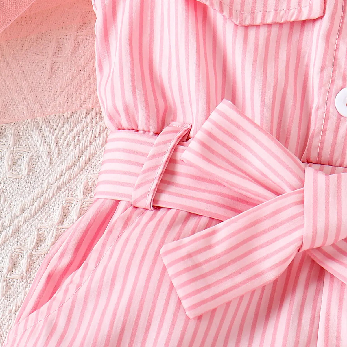 Girls Pink Striped Sleeveless Button-Front Belted Romper Jumpsuits