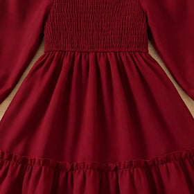 Girls Maroon Smocked Yoke Puff Sleeve High-Low Dress Casual Dresses