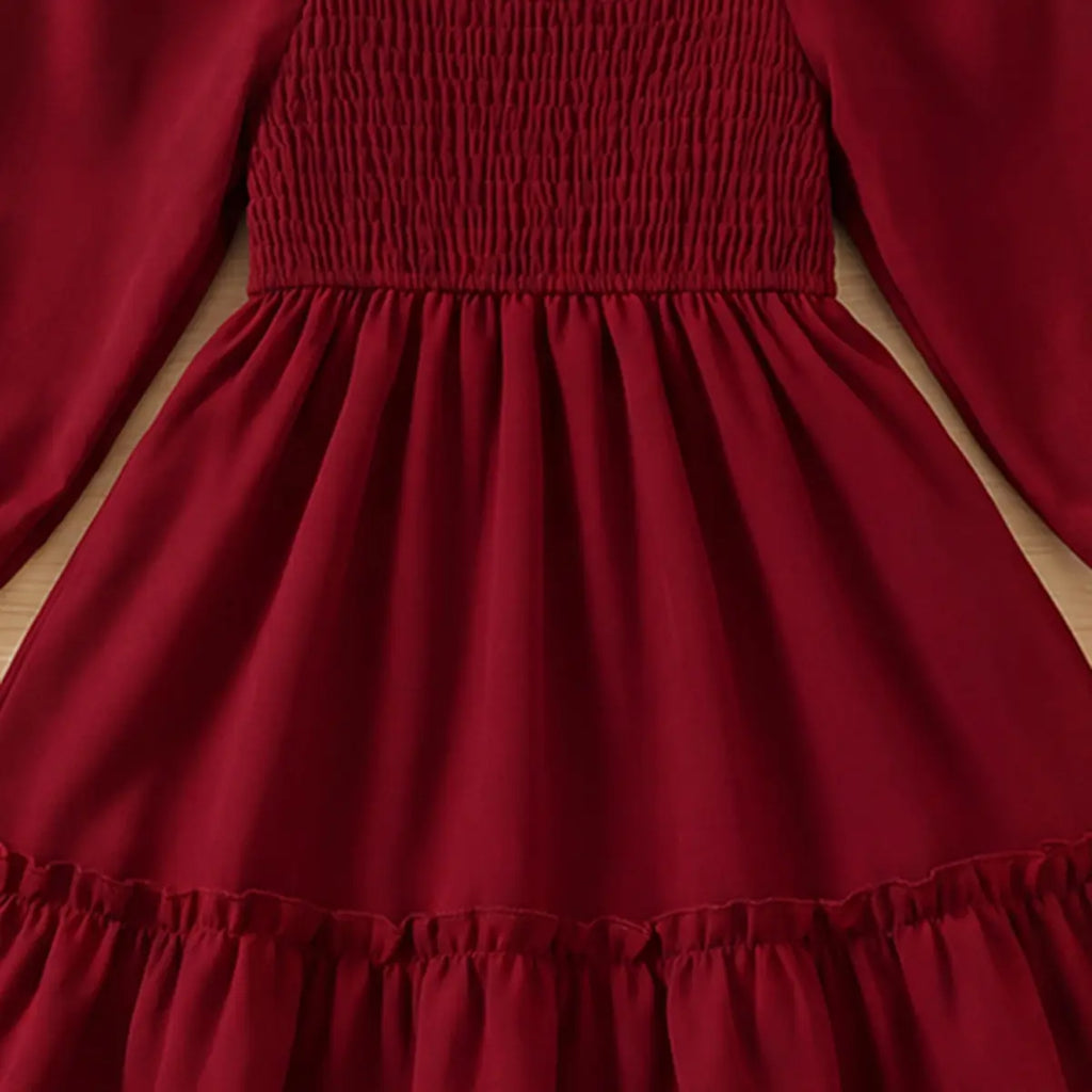 Girls Maroon Smocked Yoke Puff Sleeve High-Low Dress Casual Dresses
