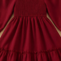 Girls Maroon Smocked Yoke Puff Sleeve High-Low Dress Casual Dresses