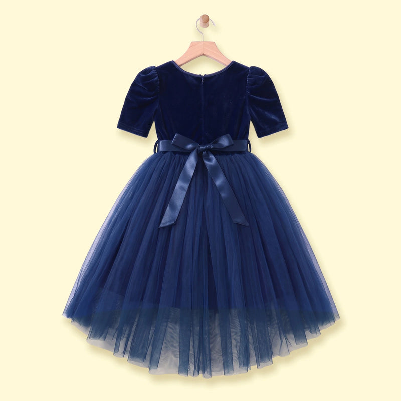 Girls dark blue high-low party dress with velvet bodice