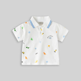 Boys White Short Sleeve Beach Print Polo T-Shirt Tshirts