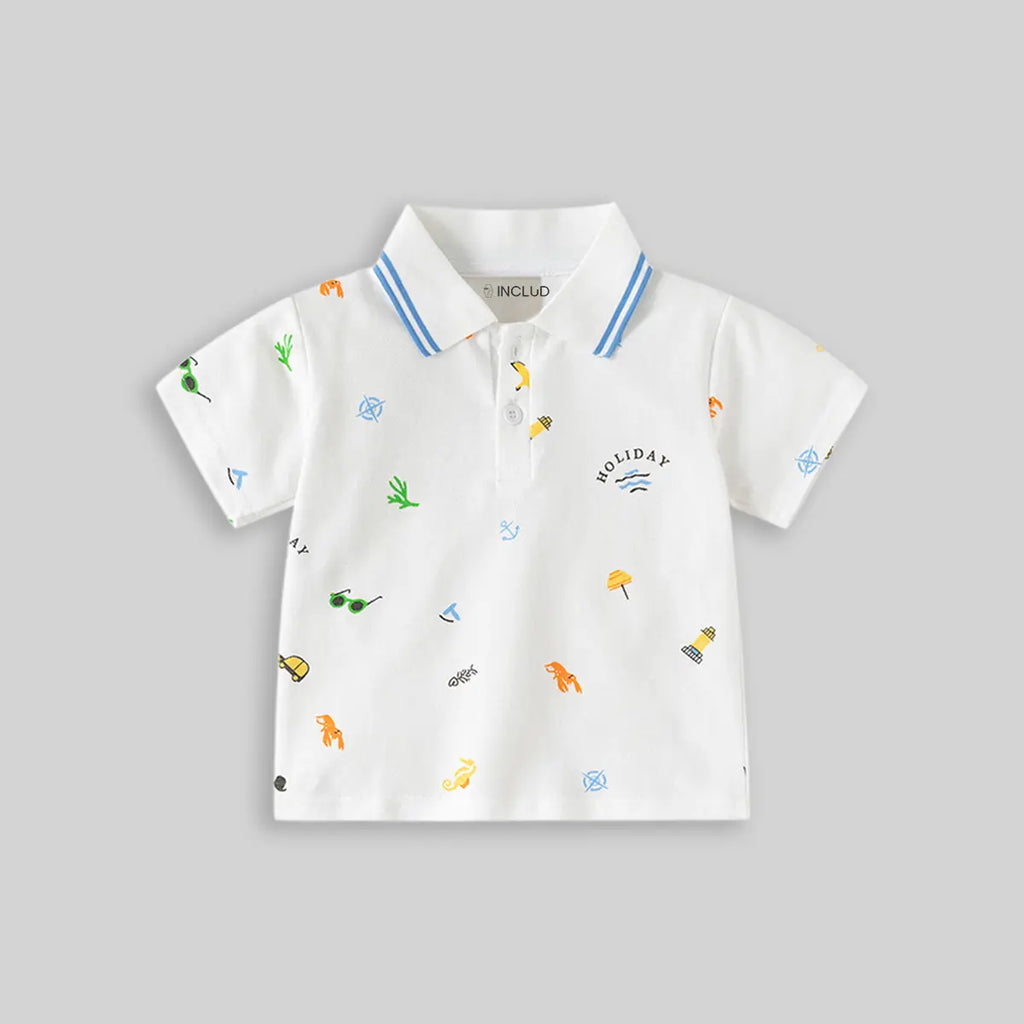 Boys White Short Sleeve Beach Print Polo T-Shirt Tshirts