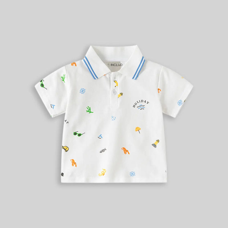 Boys White Short Sleeve Beach Print Polo T-Shirt Tshirts