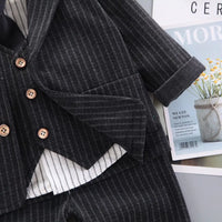 Boys Black Pin Stripes Five-Piece Suit with Vest and Tie Sets Sets