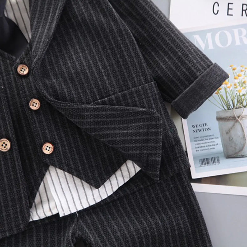 Boys Black Pin Stripes Five-Piece Suit with Vest and Tie Sets Sets