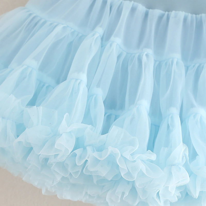 Girls Ruffle Sleeveless Top With Sky Blue Tiered Tulle Skirts Set Sets